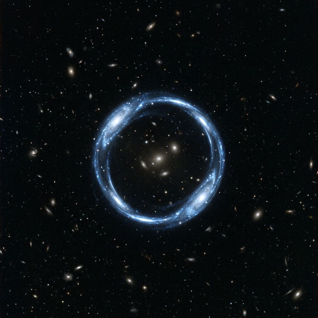 The same galaxy distorted into a luminous ring by gravitational lensing