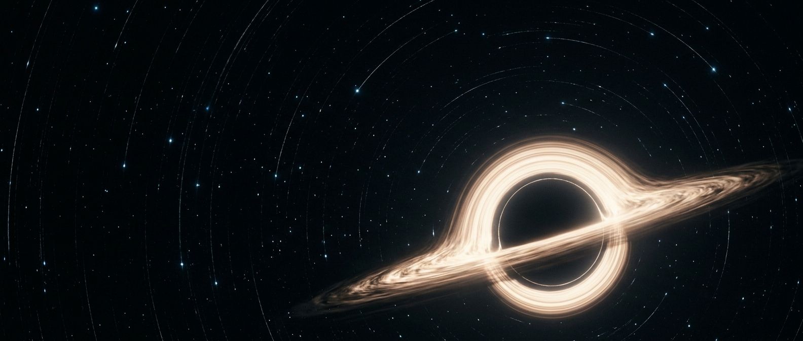 A nearby view of a black hole bending the surrounding star field