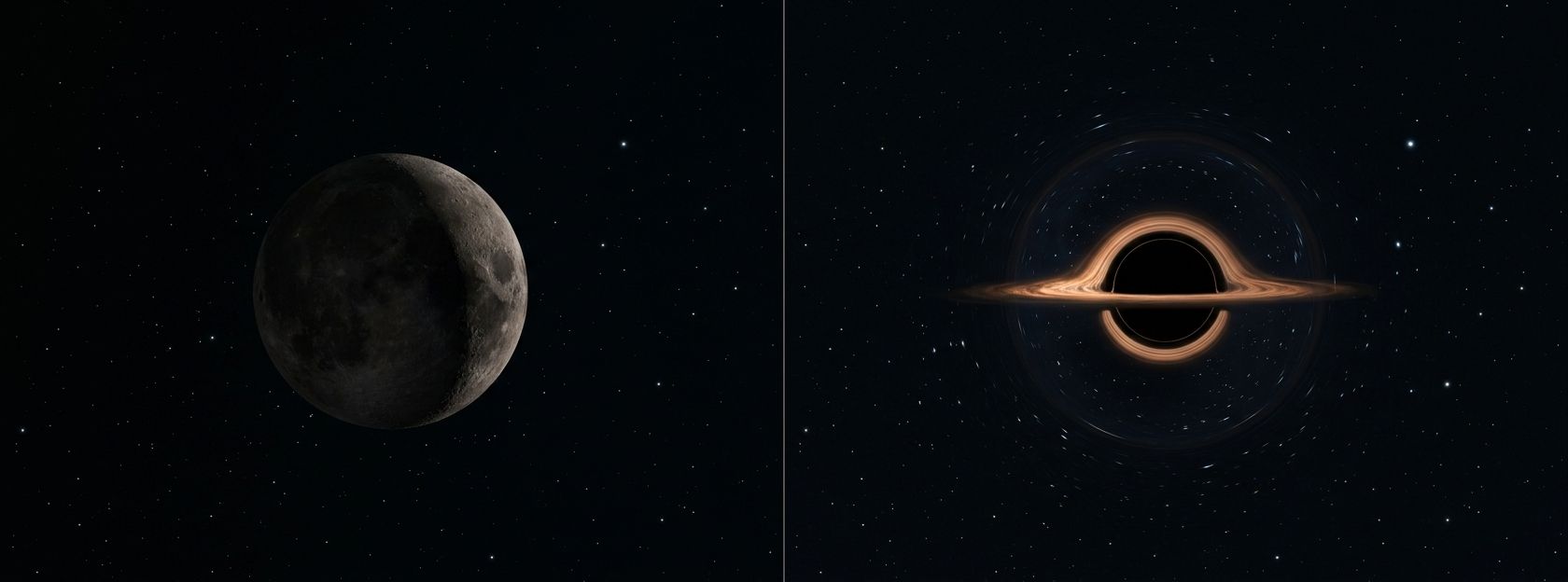 Side-by-side comparison of a normal planet and a black hole